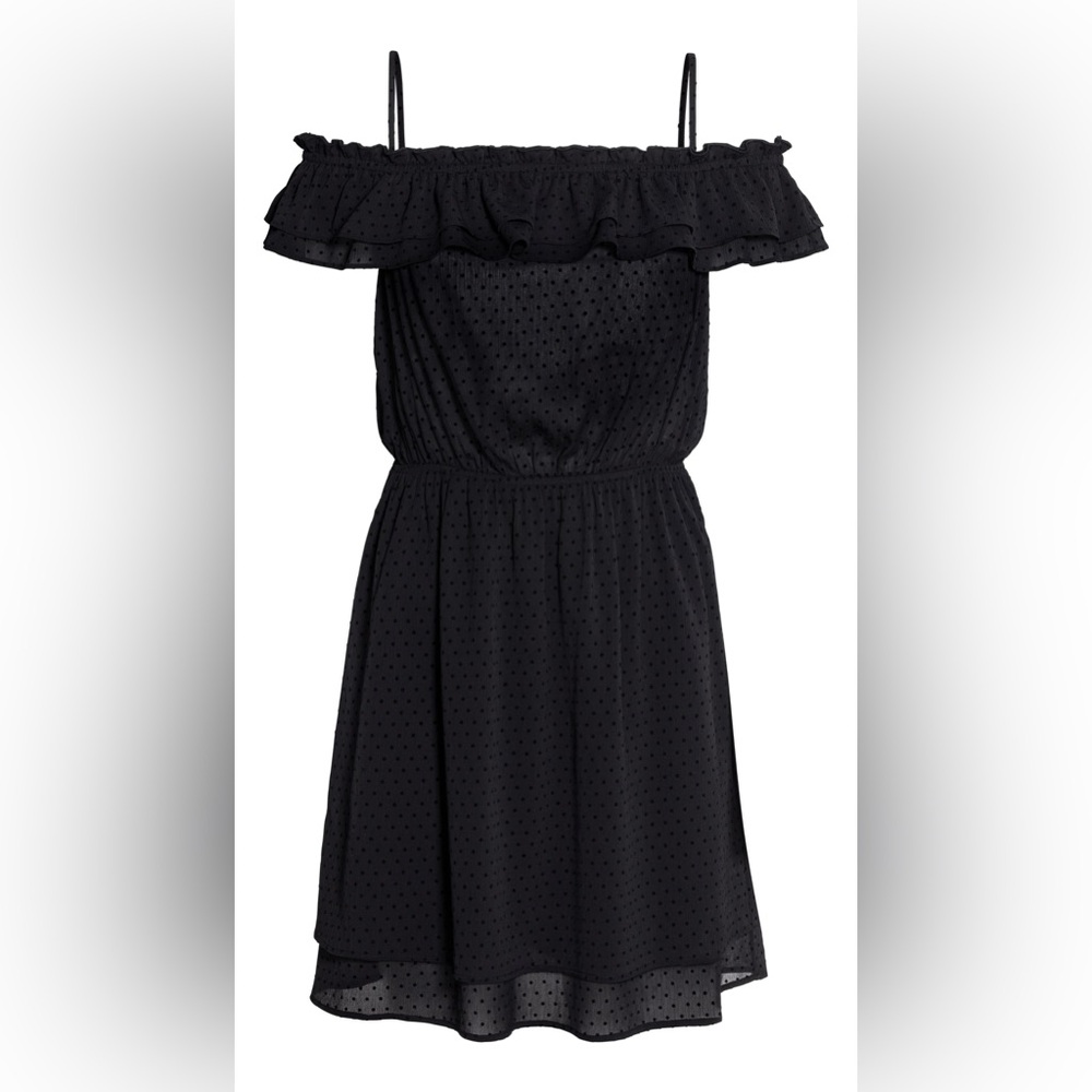 H&M OFF-THE-SHOULDER DRESS Swiss Dot Black Size 8